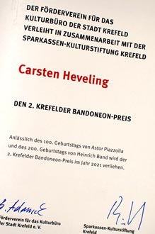 certificat du prix de bandonéon de Krefeld